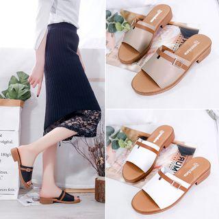 Rhinestone Buckled Strap Low Heel Slide Sandals