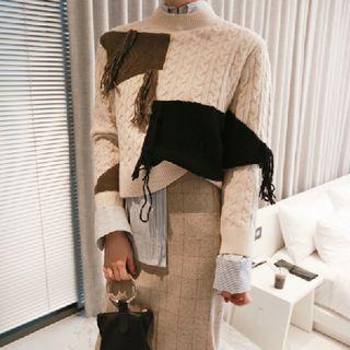 Long-sleeve Fringed Cable-knit Top