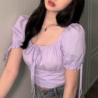 Puff-sleeve Crop Top Purple - One Size
