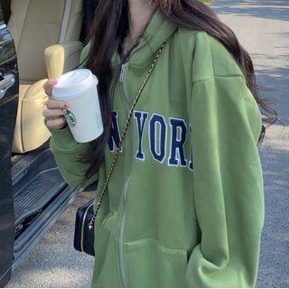 Oversized Lettering Long-sleeve Hooded Jacket Green - One Size