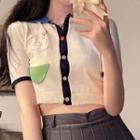 Short-sleeve Button-up Knit Crop Top Off-white - One Size