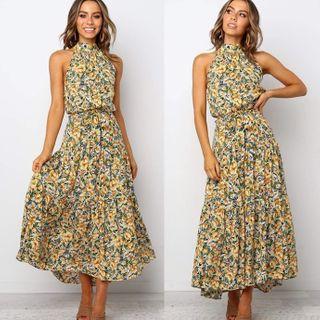 Flower Print Halter Midi A-line Dress