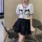 Set: Short-sleeve Button-up Bow Top + Mini A-line Skirt Set Of 2 - Top & Skirt - White & Black - One Size