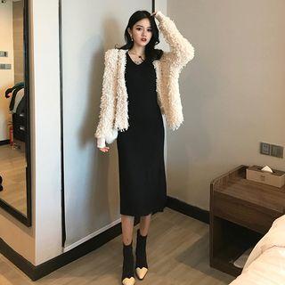 Furry Open-front Jacket / Sleeveless Midi Knit Dress