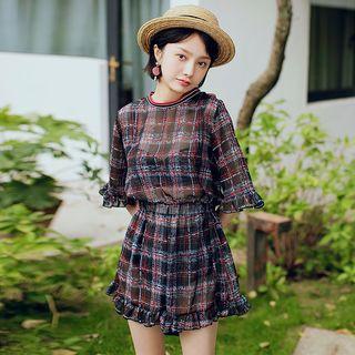 Set: High Waist Plaid Bikini + Elbow-sleeve Playsuit