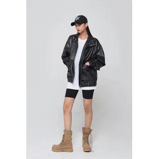 Stand-collar Zip-up Faux-leather Jacket Black - One Size