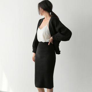 Long-sleeve Double-breasted Knit Cardigan + High-waist Knit Skirt