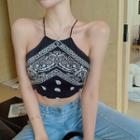 Paisley Print Cross Strap Cropped Top Black - One Size