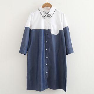 Cat Embroidered Denim Panel 3/4 Sleeve Shirtdress