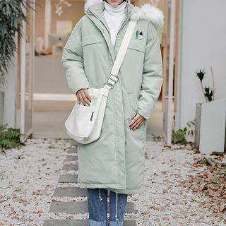 Cartoon Embroidered Furry Hooded Zip Coat