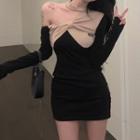 Long-sleeve Ribbon Two-tone Mini Sheath Dress