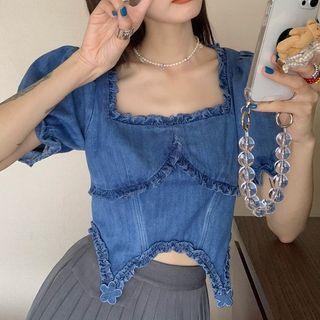 Square Neck Denim Cropped Blouse Denim Blue - One Size