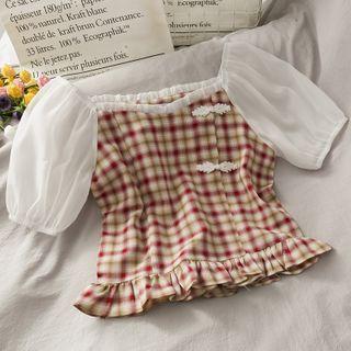 Patchwork Boatneck Frog-button Qipao Top