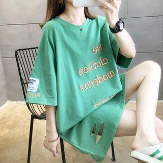 Oversize Elbow-sleeve Ripped Lettering Printed T-shirt