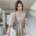 Elbow-sleeve Drawstring Mini A-line Dress