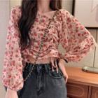 Floral Print Drawstring Long Sleeve Blouse As Shown In Figure - One Size
