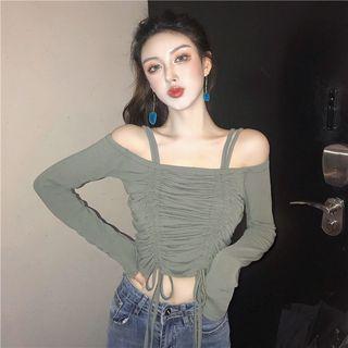Off-shoulder Tie-front Long-sleeve Top