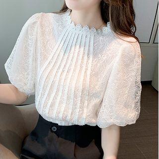 Puff Sleeve Round Neck Lace Top