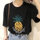 Elbow-sleeve Pineapple Applique T-shirt