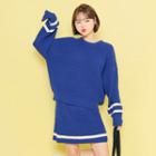Set: Round-neck Contrast-trim Knit Top + Band-waist Skirt