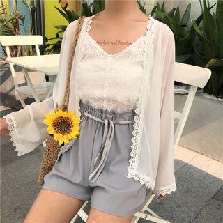 Spaghetti Strap Lace Top / Light Jacket / Wide-leg Shorts