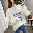 Long-sleeve Round-neck Mock Two-piece Lettering Embroidered Top