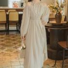 Long-sleeve Off-shoulder Dotted Midi A-line Dress
