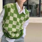 V-neck Color Panel Chessboard Pattern Knit Vest