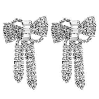 Rhinestone Bow Dangle Earring 1 Pair - Silver - One Size