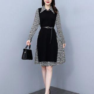 Set: Patterned A-line Shirtdress + Slit Vest