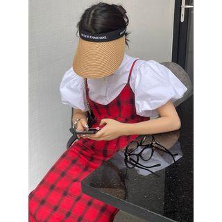 Puff-sleeve Plain Blouse / Sleeveless V-neck Plaid Midi Dress