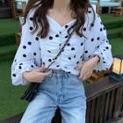 Dotted Off-shoulder Puff-sleeve Top