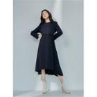 Pleated-panel Dress With Belt Navy Blue - One Size