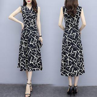 V-neck Patterned Sleeveless Midi A-line Dress