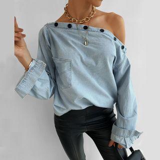 Denim One-shoulder Long-sleeve Top