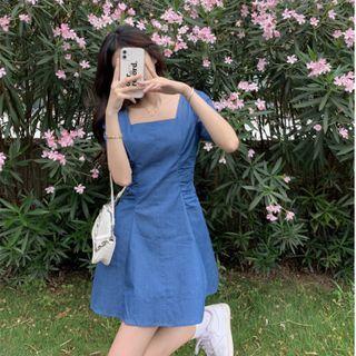 Short-sleeve Square-neck Mini A-line Dress Washed Blue - One Size
