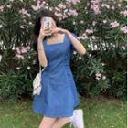 Short-sleeve Square-neck Mini A-line Dress Washed Blue - One Size