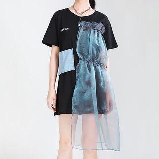 Sheer Panel Short-sleeve T-shirt Dress Black - One Size