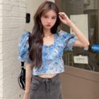 Puff-sleeve Square Neck Floral Print Crop Top Blue - One Size