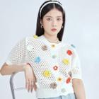 Elbow-sleeve Flower Applique Crochet Cardigan