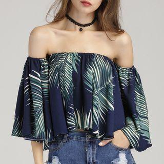 Palm Tree Print Off Shoulder 3/4 Sleeve Chiffon Top