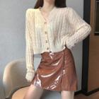 Cable Knit V-neck Cardigan / A-line Patent Skirt