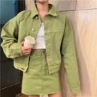 Buckled Back Denim Jacket / A-line Denim Skirt