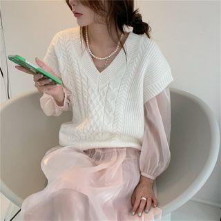 V-neck Knit Vest / Long-sleeve Loose-fit Sheer Dress / Slipdress