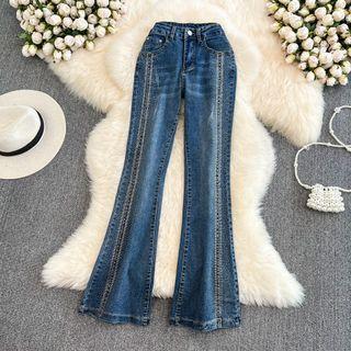 High Waist Rhinestone Boot Cut Jeans