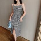 Spaghetti-strap Houndstooth Slit Midi Dress