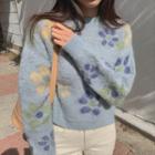 Flower Print Woolen Sweater Sky Blue - One Size