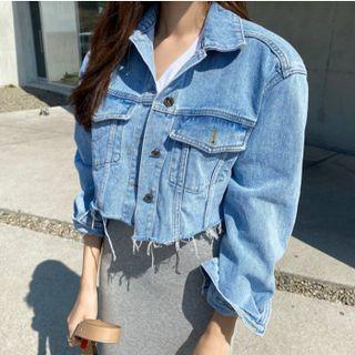 Fray Hem Cropped Denim Jacket Blue - One Size