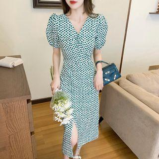 Polka Dot Puff-sleeve Slit Midi Dress
