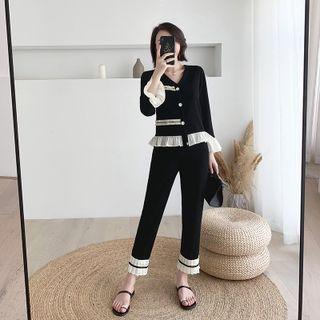 Set: Ruffle Trim Cardigan + Knit Pants